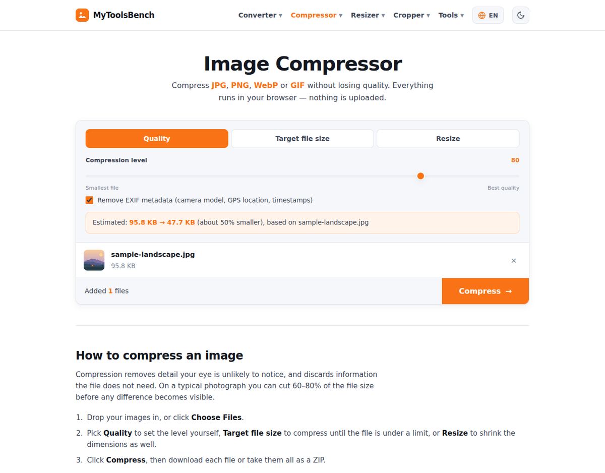 Image Compressor on MyToolsBench — screenshot of the free online tool compressing a photo with a before/after preview